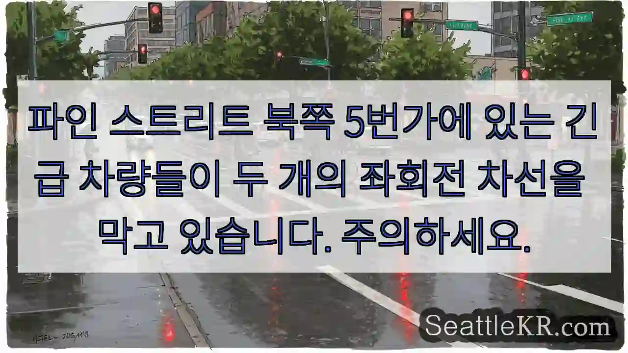 파인 스트리트 북쪽 5번가에 있는 긴급 차량들이 두 개의 좌회전 차선을 막고 있습니다.