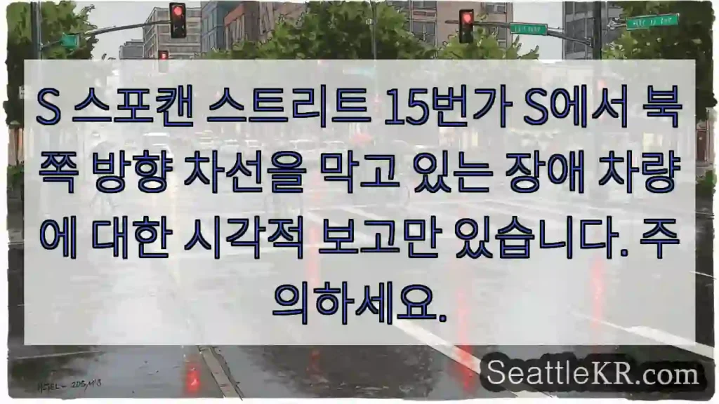 S 스포캔 스트리트 15번가 S에서 북쪽 방향 차선을 막고 있는 장애 차량에 대한 시각적