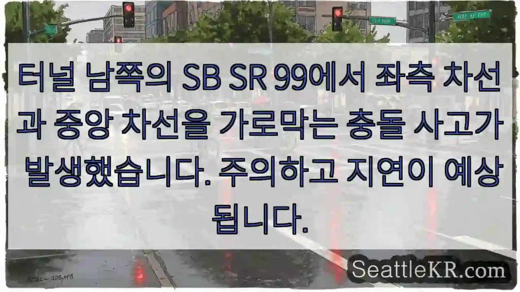 터널 남쪽의 SB SR 99에서 좌측 차선과 중앙 차선을 가로막는 충돌 사고가