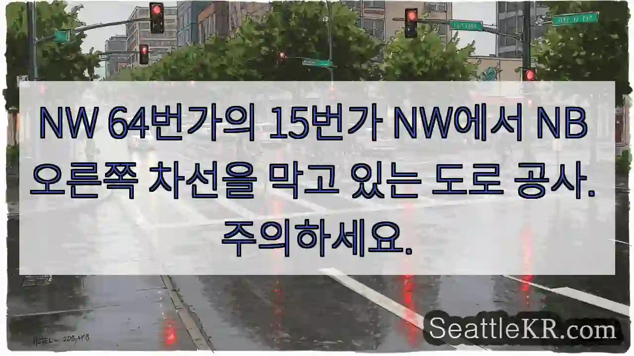 NW 64번가의 15번가 NW에서 NB 오른쪽 차선을 막고 있는 도로 공사. 주의하세요.
