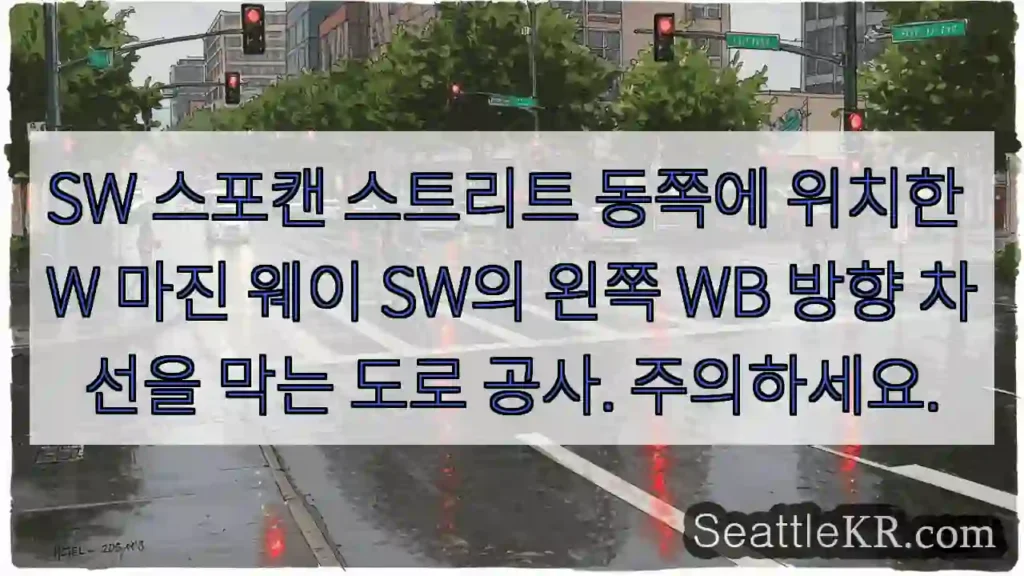 SW 스포캔 스트리트 동쪽에 위치한 W 마진 웨이 SW의 왼쪽 WB 방향 차선을 막는