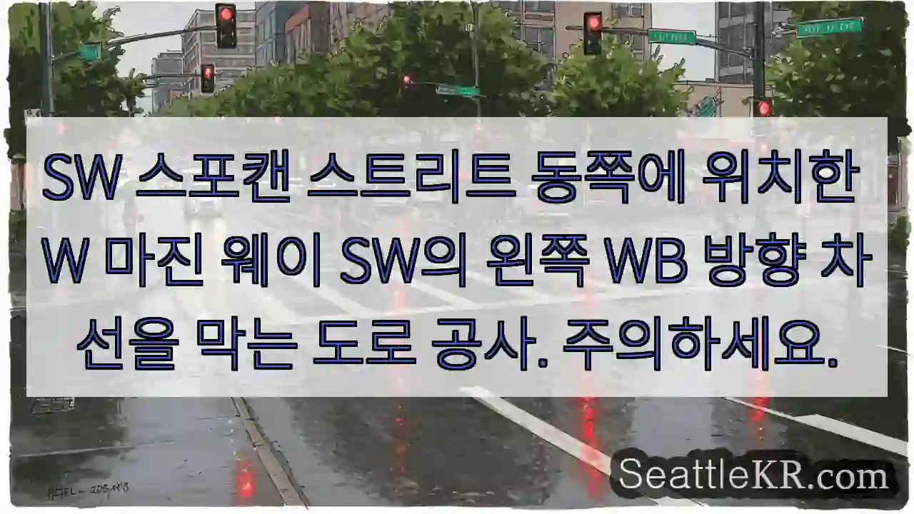 SW 스포캔 스트리트 동쪽에 위치한 W 마진 웨이 SW의 왼쪽 WB 방향 차선을 막는
