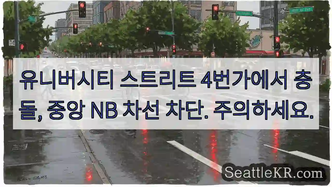 유니버시티 스트리트 4번가에서 충돌, 중앙 NB 차선 차단. 주의하세요.