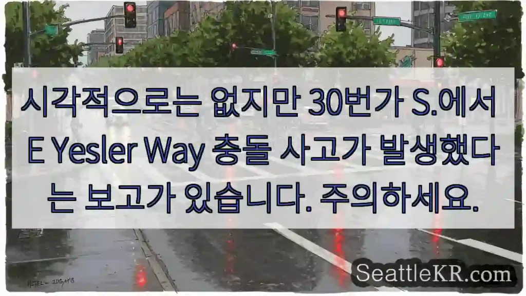 시각적으로는 없지만 30번가 S.에서 E Yesler Way 충돌 사고가 발생했다는