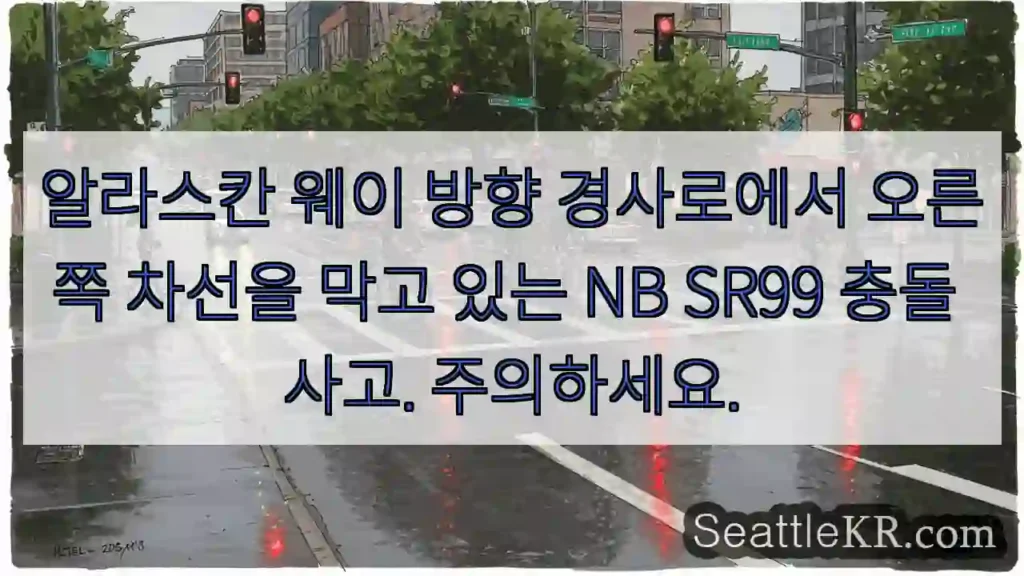 알라스칸 웨이 방향 경사로에서 오른쪽 차선을 막고 있는 NB SR99 충돌 사고.