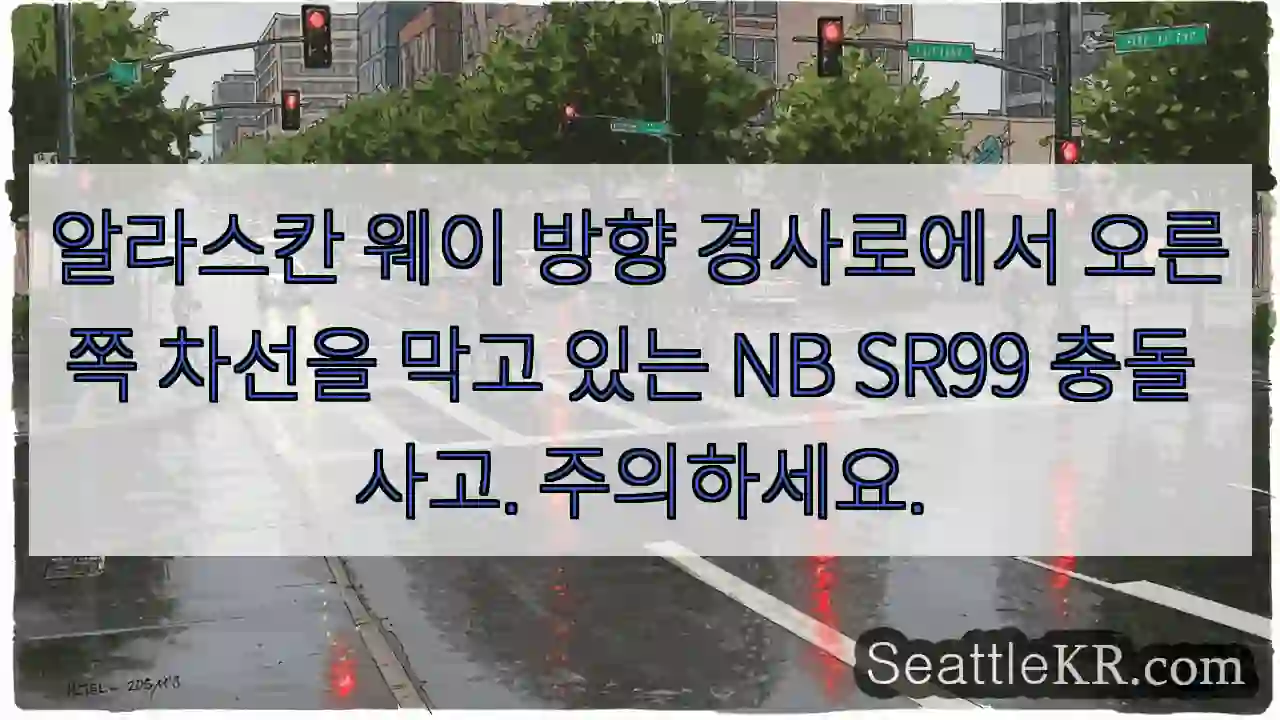 알라스칸 웨이 방향 경사로에서 오른쪽 차선을 막고 있는 NB SR99 충돌 사고.