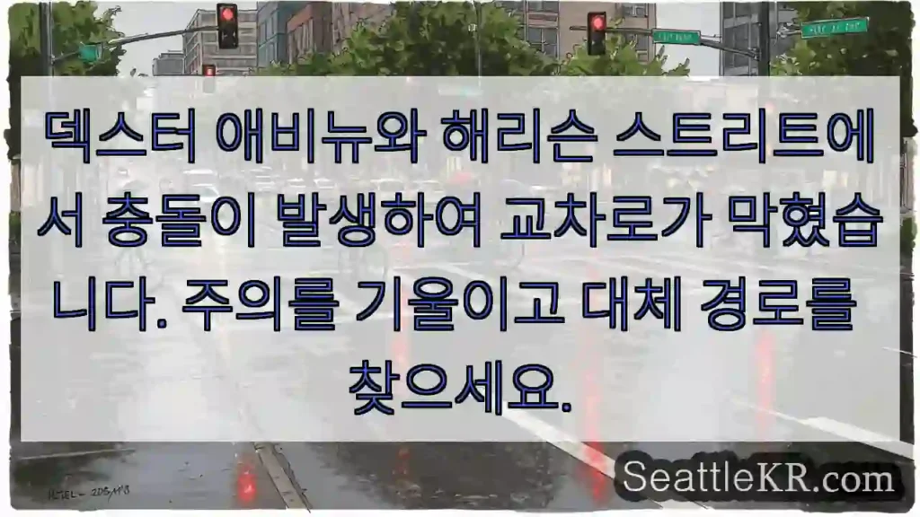 덱스터 애비뉴와 해리슨 스트리트에서 충돌이 발생하여 교차로가 막혔습니다. 주의를 기울이고