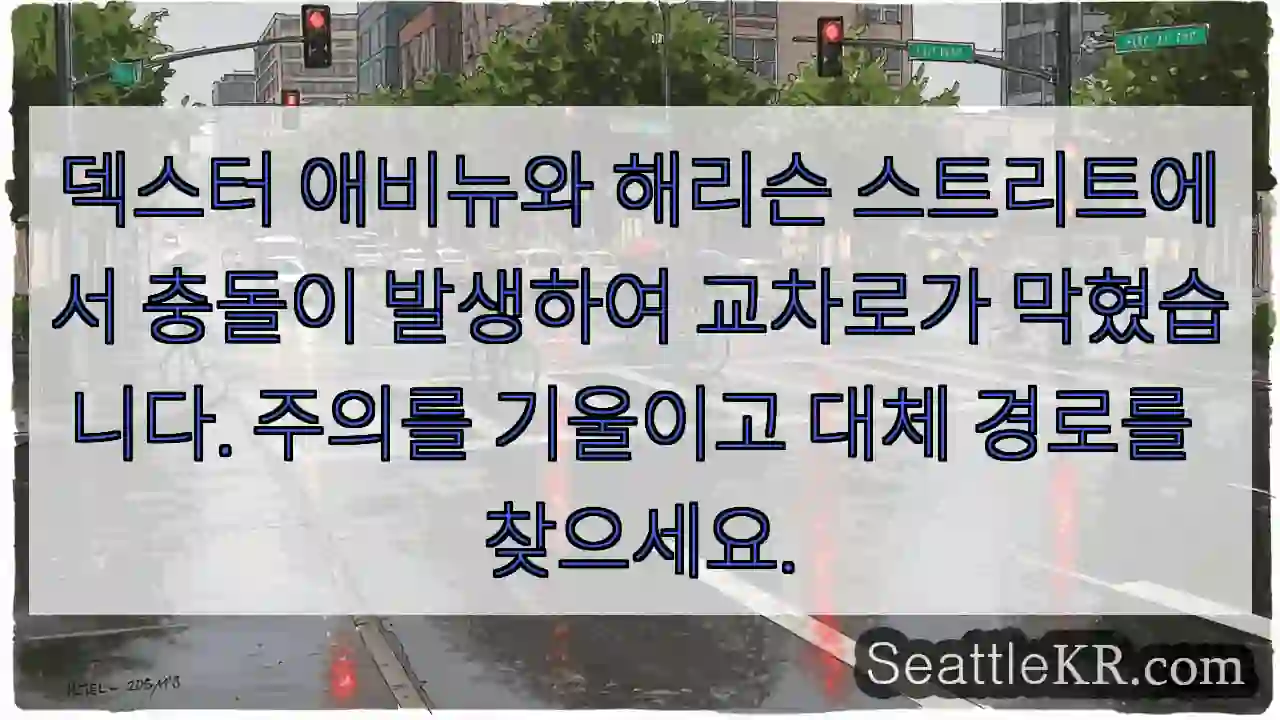덱스터 애비뉴와 해리슨 스트리트에서 충돌이 발생하여 교차로가 막혔습니다. 주의를 기울이고