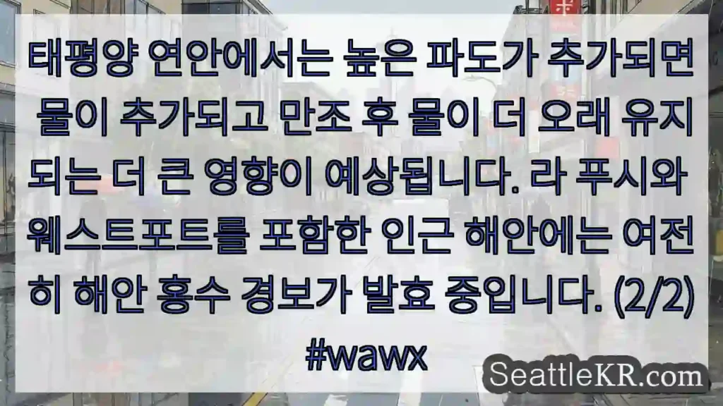 태평양 연안에서는 높은 파도가 추가되면 물이 추가되고 만조 후 물이 더 오래 유지되는 더
