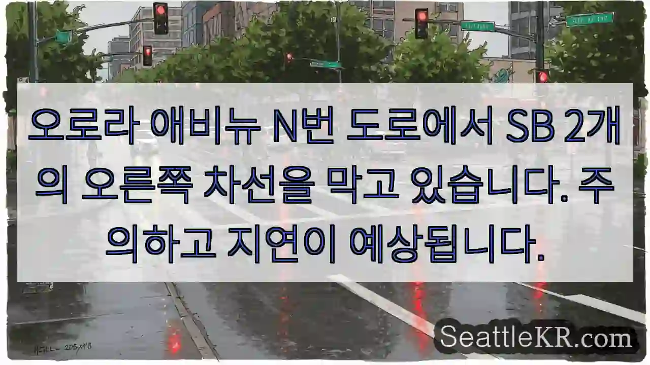 오로라 애비뉴 N번 도로에서 SB 2개의 오른쪽 차선을 막고 있습니다. 주의하고 지연이