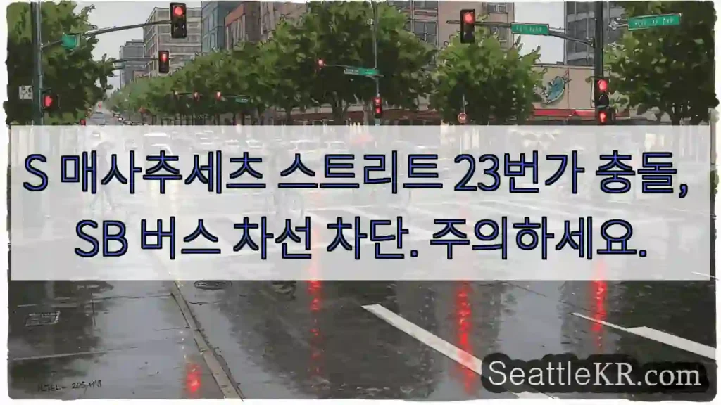 S 매사추세츠 스트리트 23번가 충돌, SB 버스 차선 차단. 주의하세요.