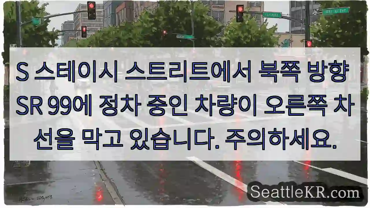S 스테이시 스트리트에서 북쪽 방향 SR 99에 정차 중인 차량이 오른쪽 차선을 막고