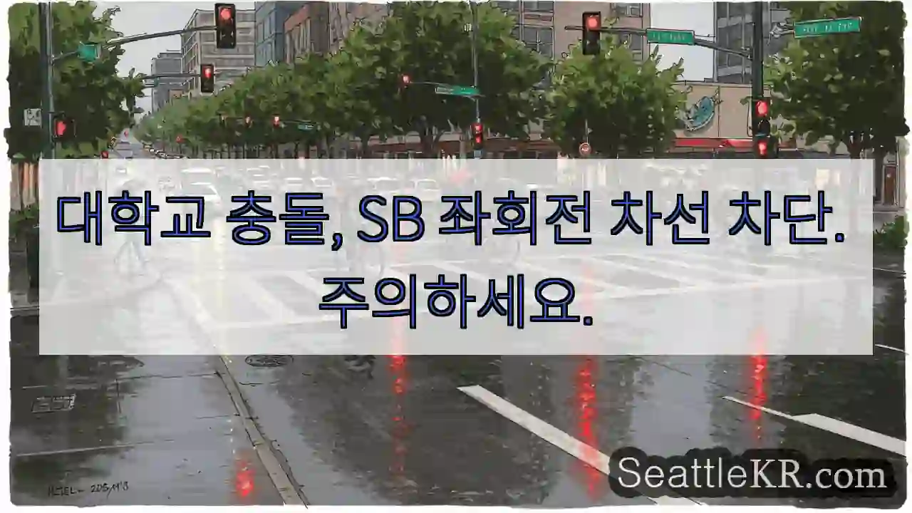 대학교 충돌, SB 좌회전 차선 차단. 주의하세요.