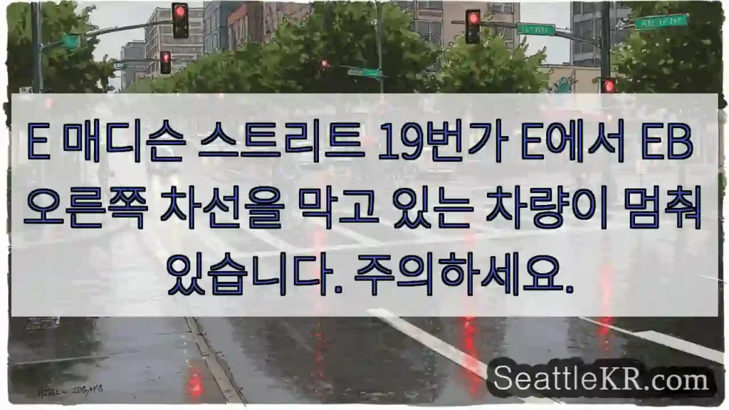 E 매디슨 스트리트 19번가 E에서 EB 오른쪽 차선을 막고 있는 차량이 멈춰 있습니다.
