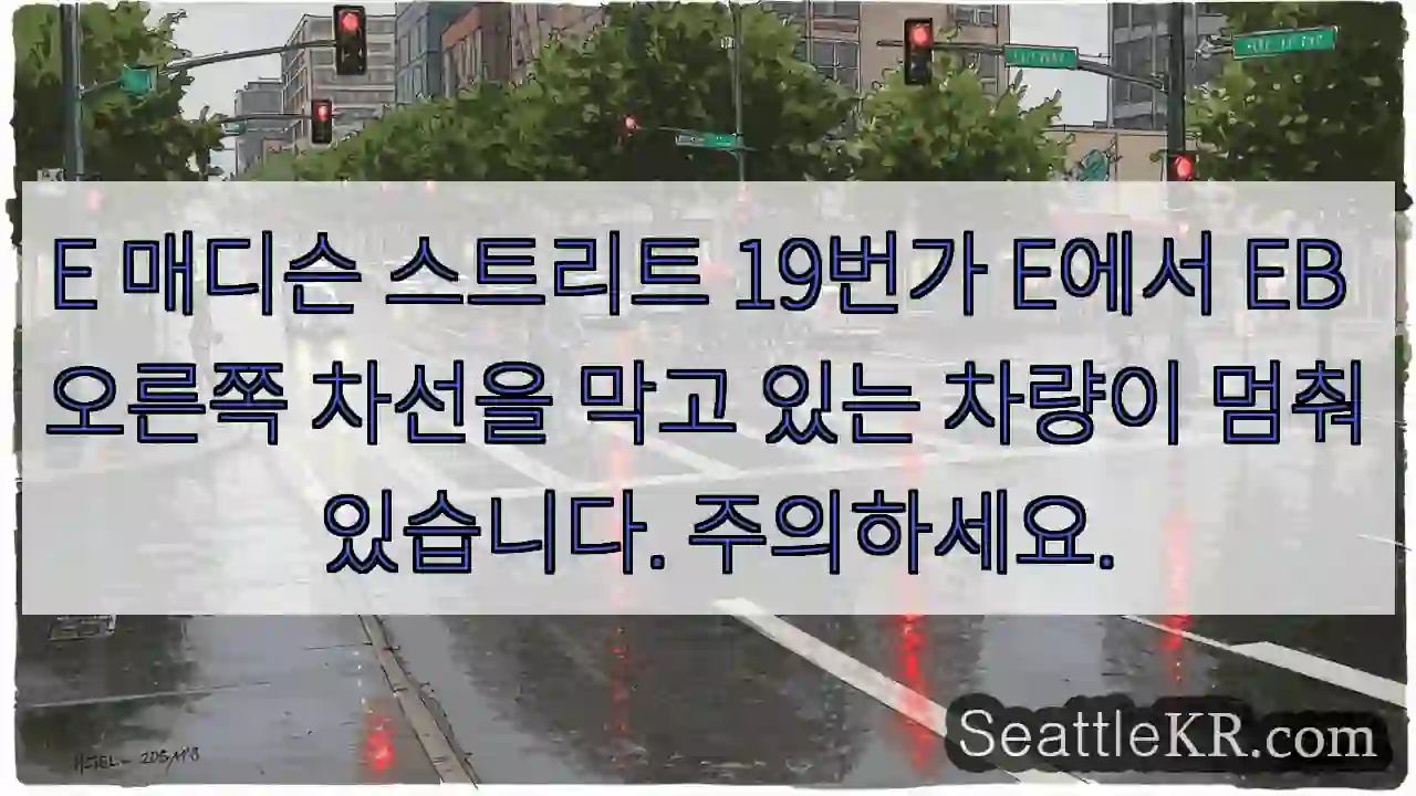 E 매디슨 스트리트 19번가 E에서 EB 오른쪽 차선을 막고 있는 차량이 멈춰 있습니다.