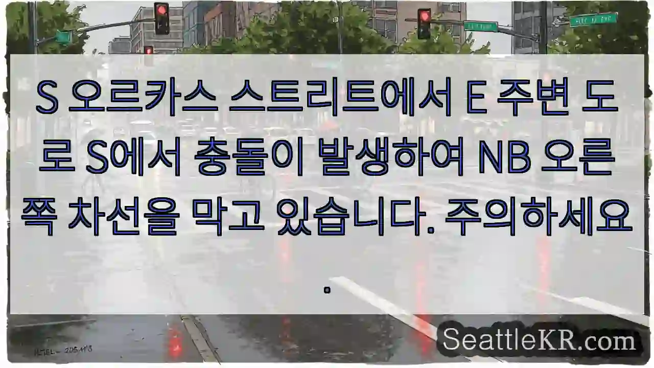 S 오르카스 스트리트에서 E 주변 도로 S에서 충돌이 발생하여 NB 오른쪽 차선을 막고