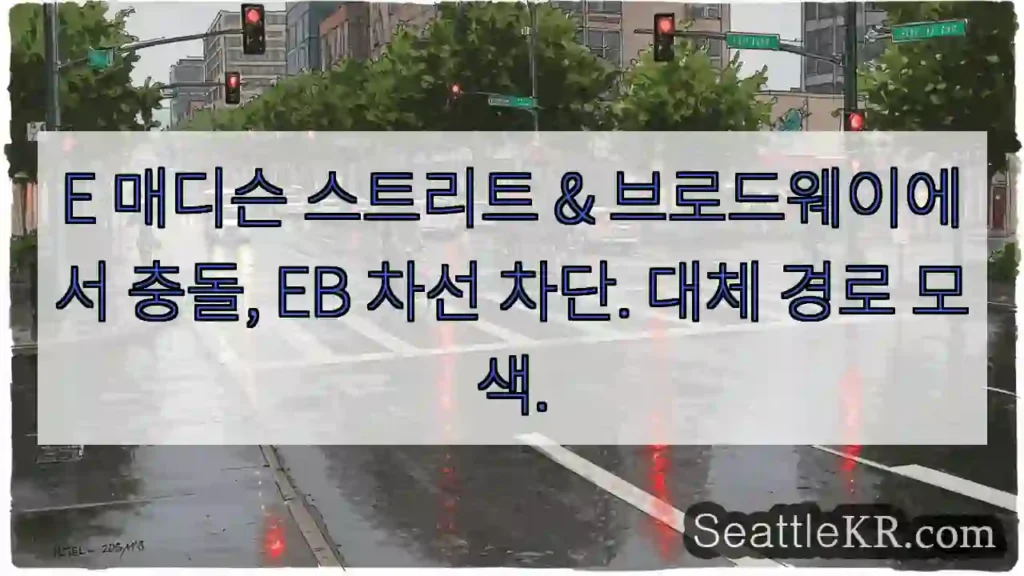 E 매디슨 스트리트 & 브로드웨이에서 충돌, EB 차선 차단. 대체 경로 모색.