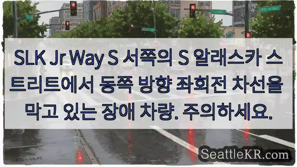 SLK Jr Way S 서쪽의 S 알래스카 스트리트에서 동쪽 방향 좌회전 차선을 막고