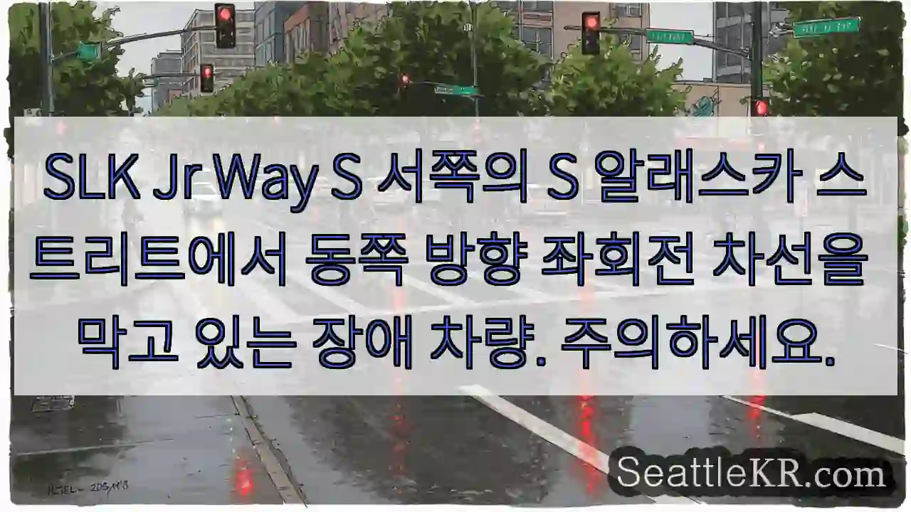 SLK Jr Way S 서쪽의 S 알래스카 스트리트에서 동쪽 방향 좌회전 차선을 막고