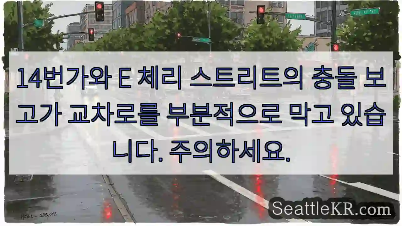 14번가와 E 체리 스트리트의 충돌 보고가 교차로를 부분적으로 막고 있습니다. 주의하세요.