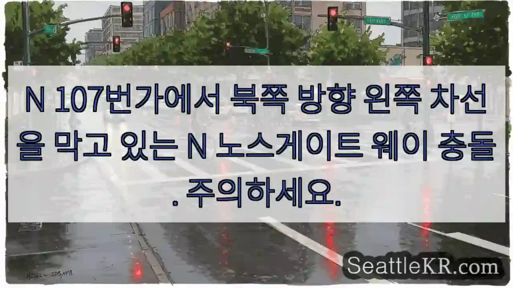 N 107번가에서 북쪽 방향 왼쪽 차선을 막고 있는 N 노스게이트 웨이 충돌. 주의하세요.