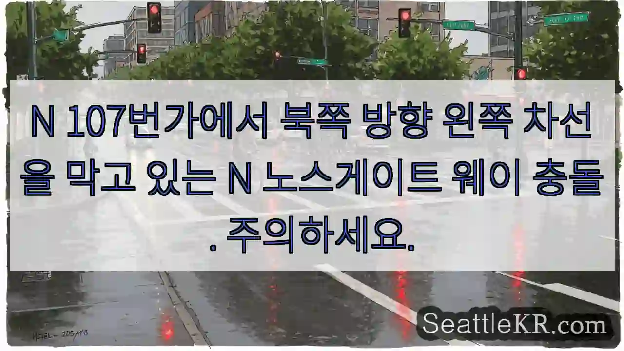 N 107번가에서 북쪽 방향 왼쪽 차선을 막고 있는 N 노스게이트 웨이 충돌. 주의하세요.