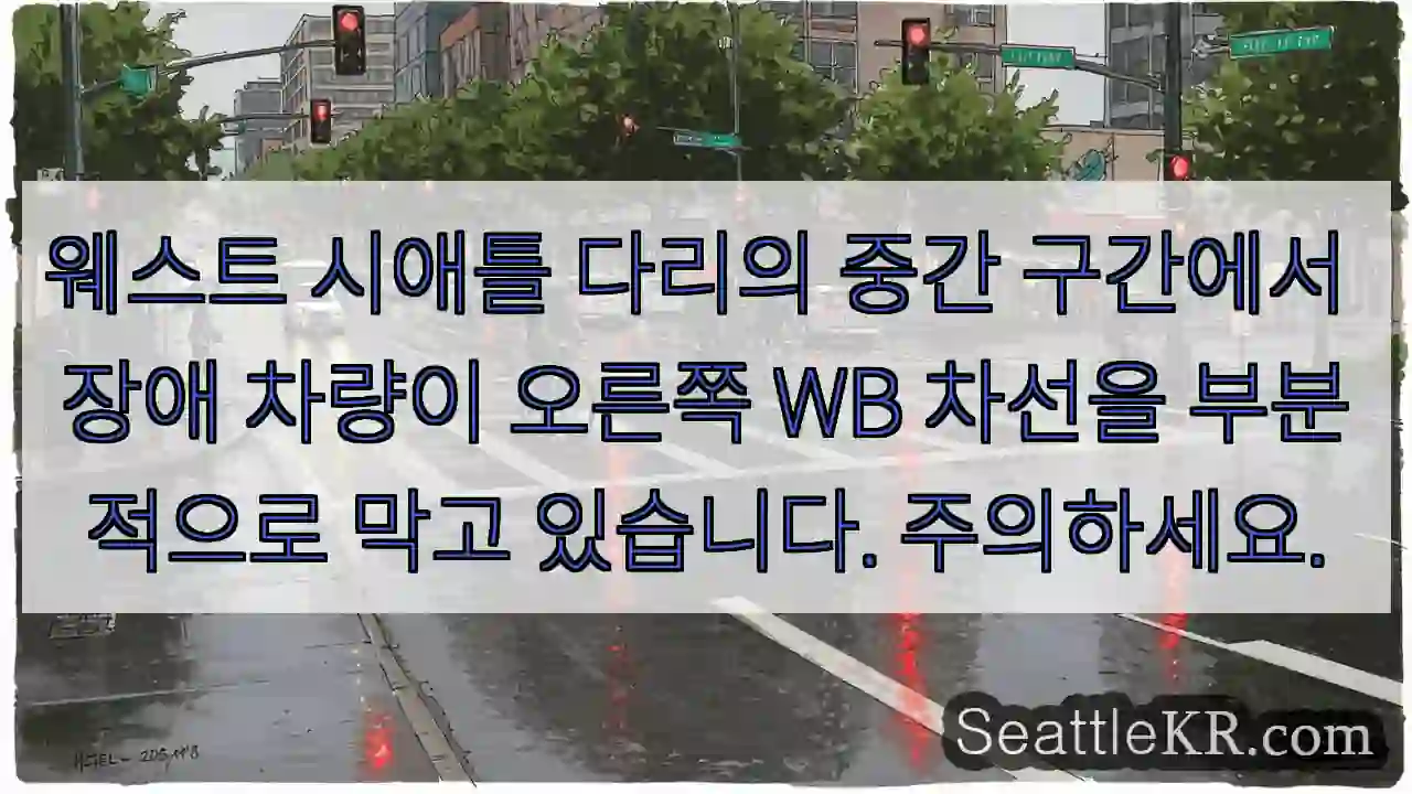 웨스트 시애틀 다리의 중간 구간에서 장애 차량이 오른쪽 WB 차선을 부분적으로 막고