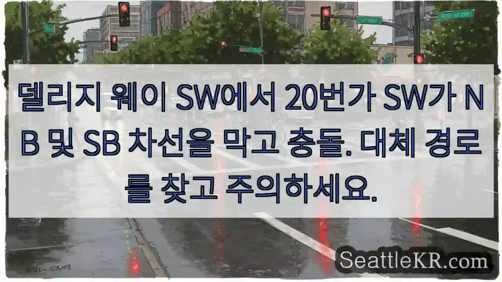 델리지 웨이 SW에서 20번가 SW가 NB 및 SB 차선을 막고 충돌. 대체 경로를 찾고