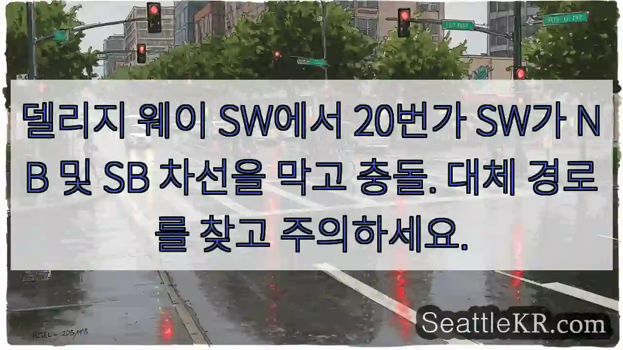 델리지 웨이 SW에서 20번가 SW가 NB 및 SB 차선을 막고 충돌. 대체 경로를 찾고