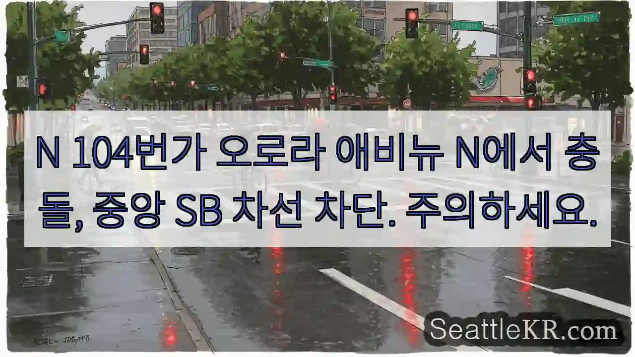 N 104번가 오로라 애비뉴 N에서 충돌, 중앙 SB 차선 차단. 주의하세요.