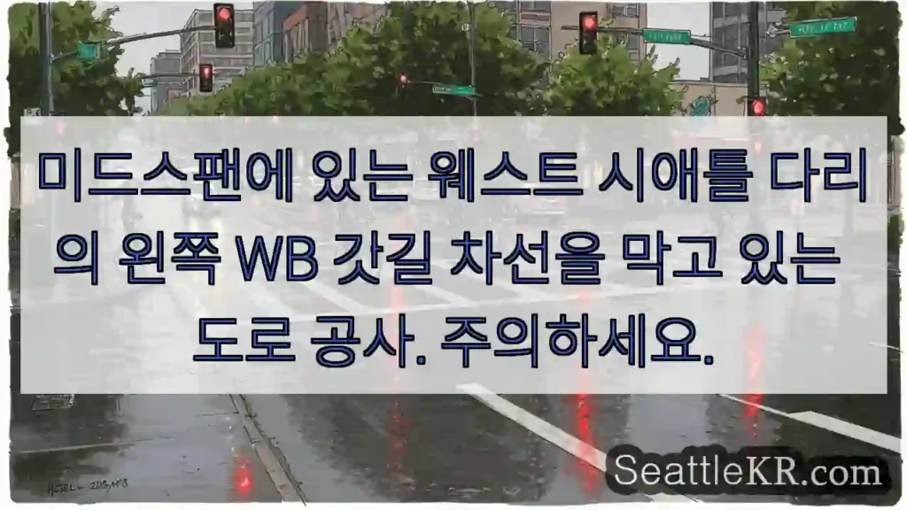 미드스팬에 있는 웨스트 시애틀 다리의 왼쪽 WB 갓길 차선을 막고 있는 도로 공사.