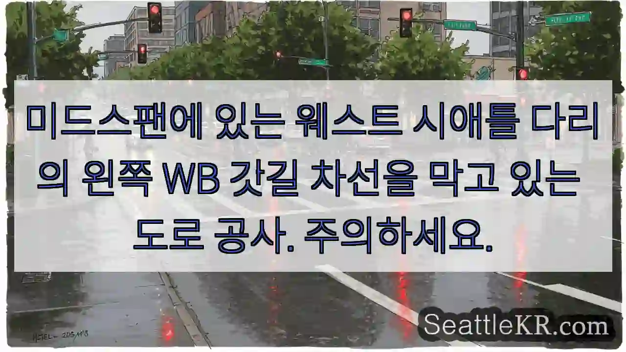 미드스팬에 있는 웨스트 시애틀 다리의 왼쪽 WB 갓길 차선을 막고 있는 도로 공사.