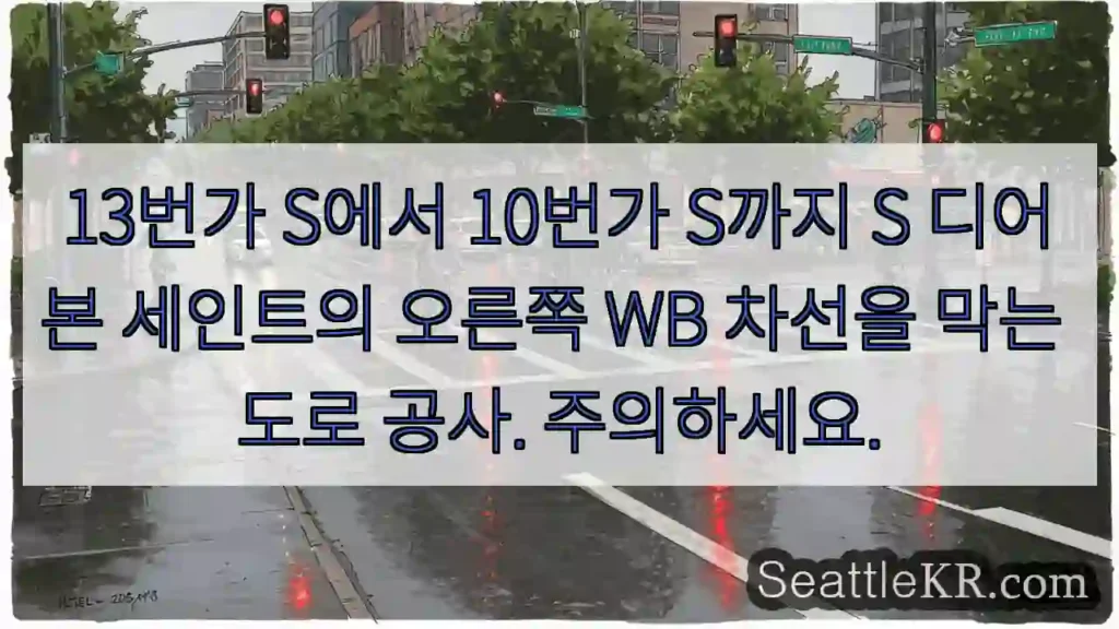 13번가 S에서 10번가 S까지 S 디어본 세인트의 오른쪽 WB 차선을 막는 도로 공사.