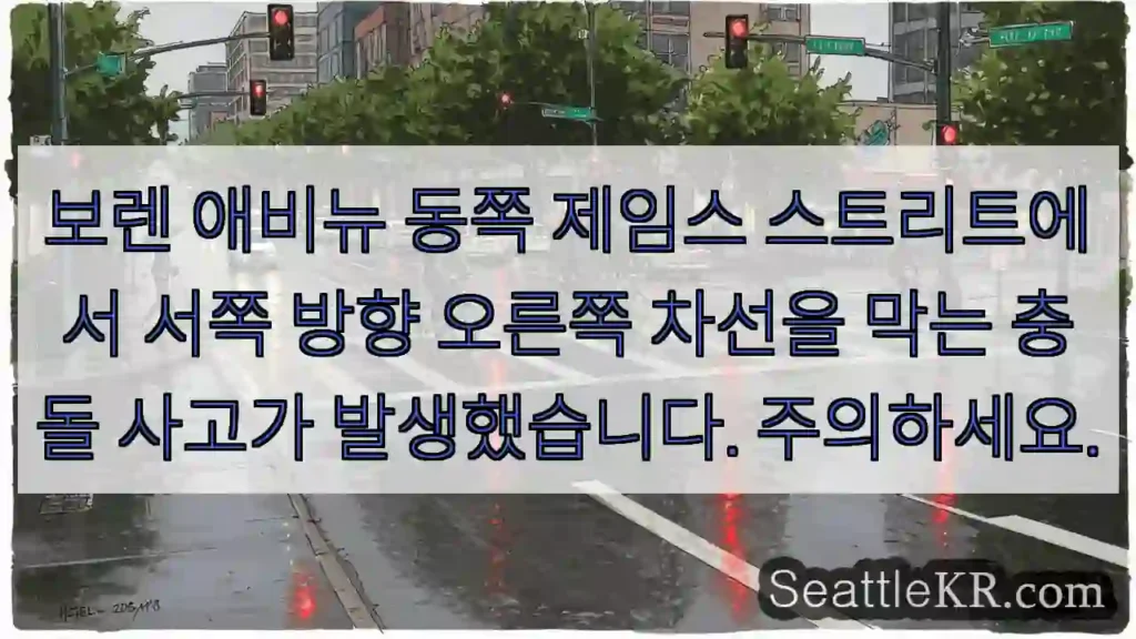 보렌 애비뉴 동쪽 제임스 스트리트에서 서쪽 방향 오른쪽 차선을 막는 충돌 사고가