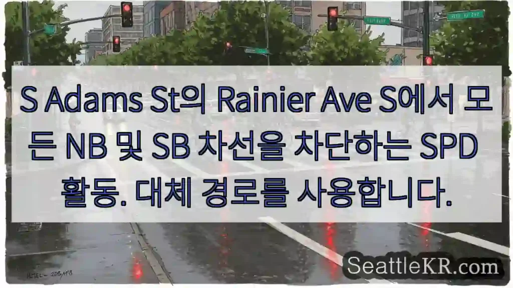 S Adams St의 Rainier Ave S에서 모든 NB 및 SB 차선을 차단하는