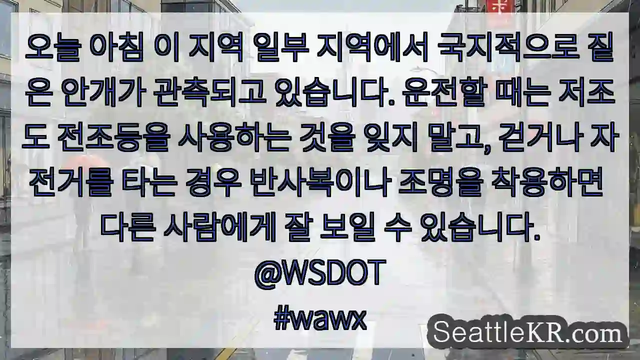 오늘 아침 이 지역 일부 지역에서 국지적으로 짙은 안개가 관측되고 있습니다. 운전할 때는 1 오늘 아침 이 지역 일부 지역에서 국지적으로 짙은 안개가 관측되고 있습니다. 운전할 때는