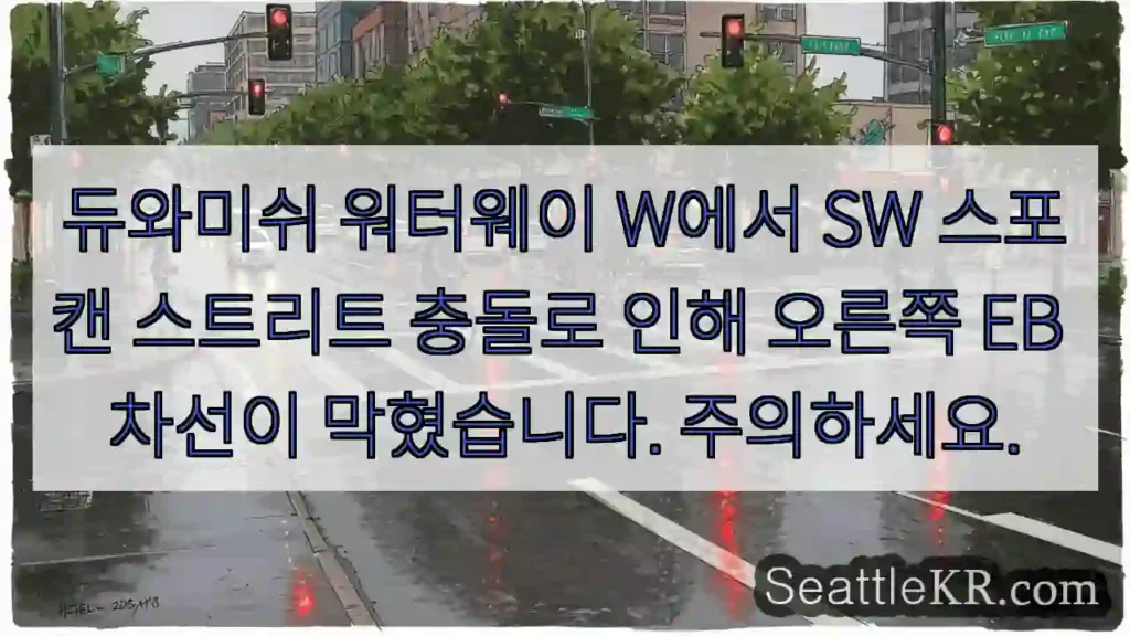 듀와미쉬 워터웨이 W에서 SW 스포캔 스트리트 충돌로 인해 오른쪽 EB 차선이