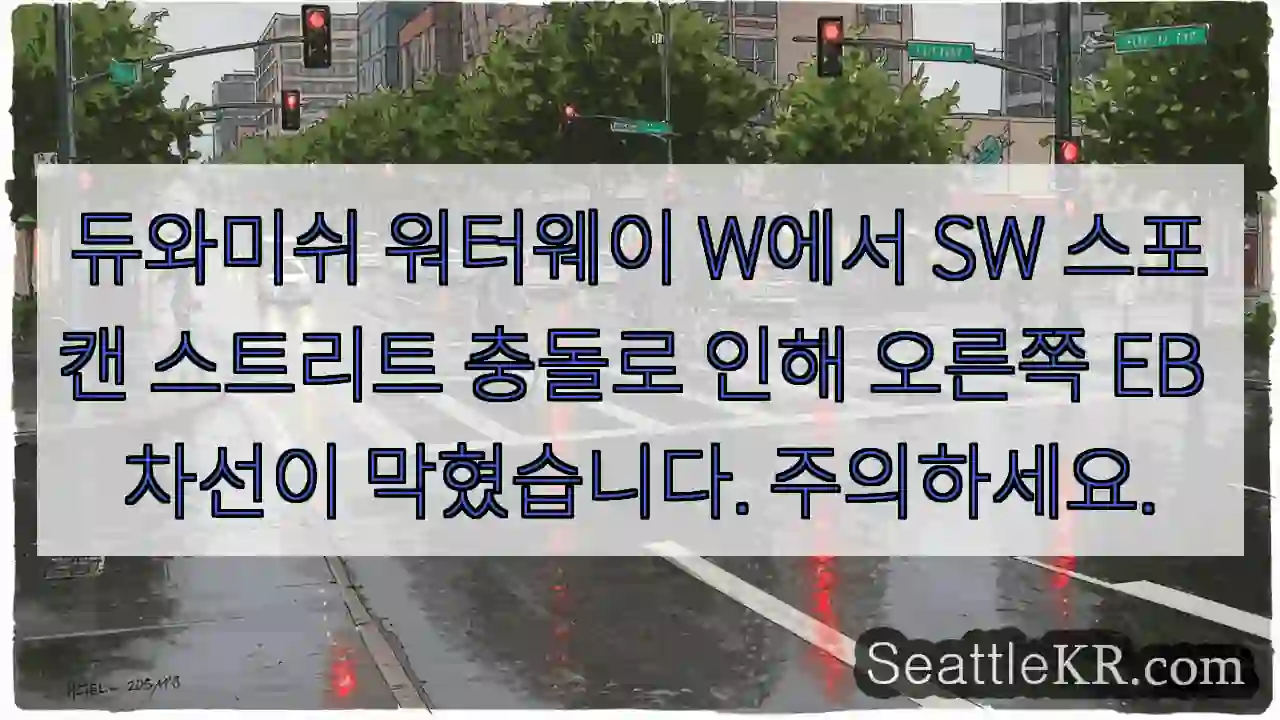 듀와미쉬 워터웨이 W에서 SW 스포캔 스트리트 충돌로 인해 오른쪽 EB 차선이