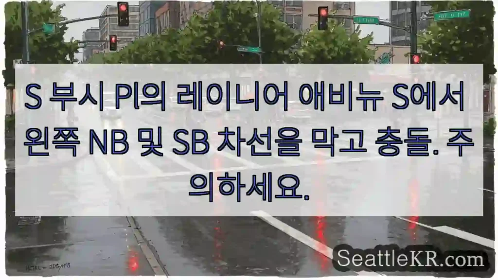 S 부시 Pl의 레이니어 애비뉴 S에서 왼쪽 NB 및 SB 차선을 막고 충돌. 주의하세요.