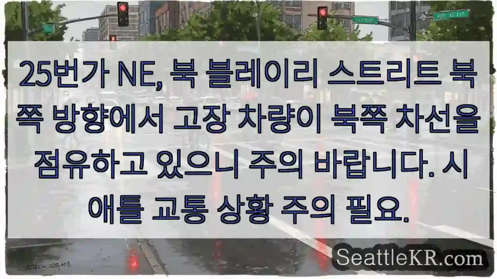 주의: 고장 차량, 25번가 NE 북쪽 차선