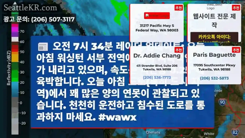 오전 7시 34분 레이더 업데이트: 오늘 아침 워싱턴 서부 전역에 걸쳐 지속적인 비가