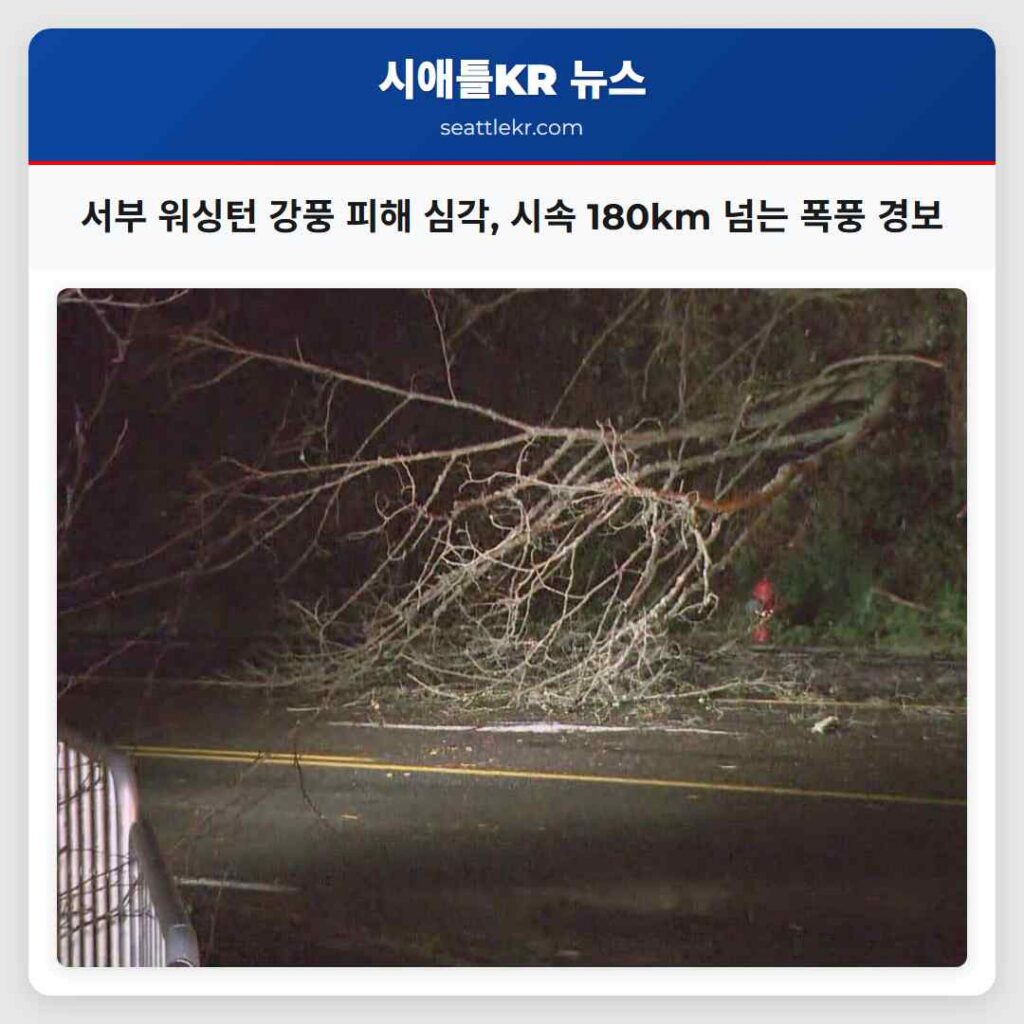 서부 워싱턴 강풍 피해 심각, 시속 180km 넘는 폭풍 경보