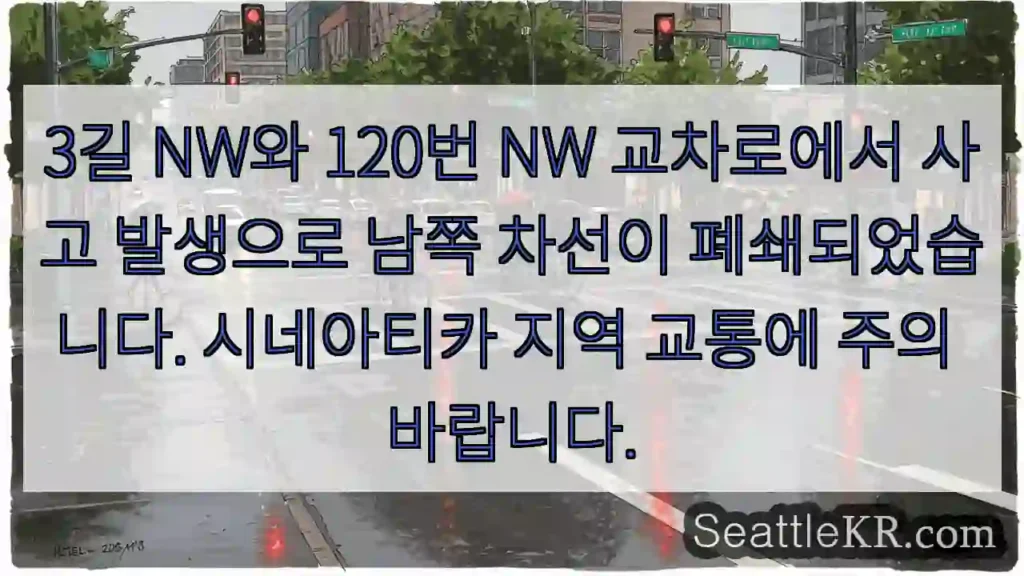 사고! 3길 NW, 120번 NW 남쪽 차선 폐쇄