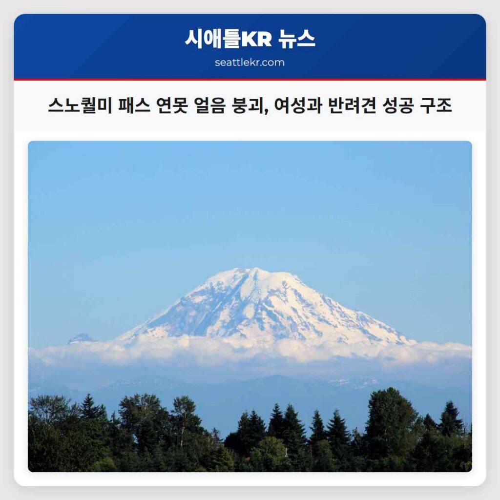 스노퀄미 패스 연못 얼음 붕괴, 여성과 반려견 성공 구조