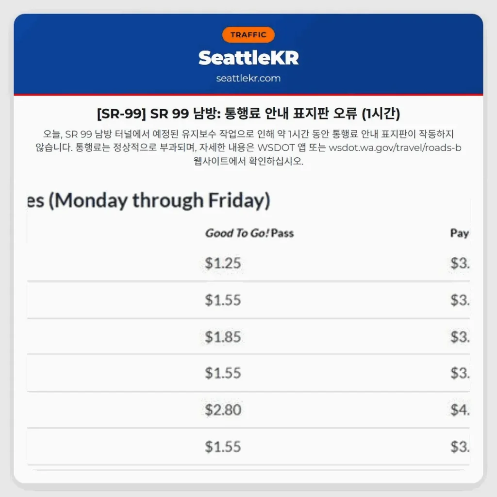 [SR-99] SR 99 남방: 통행료 안내 표지판 오류 (1시간)