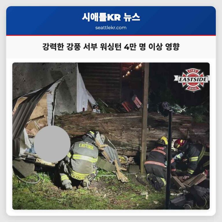 강력한 태풍급 강풍으로 서부 워싱턴 지역 4만 명 이상 피해 전력 중단 및 도로 차단 지속