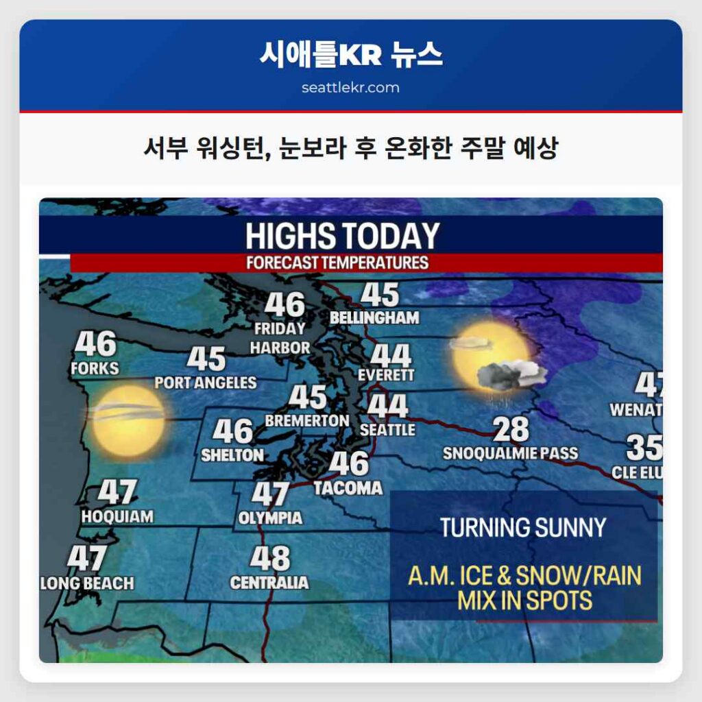 서부 워싱턴, 눈보라 후 온화한 주말 예상