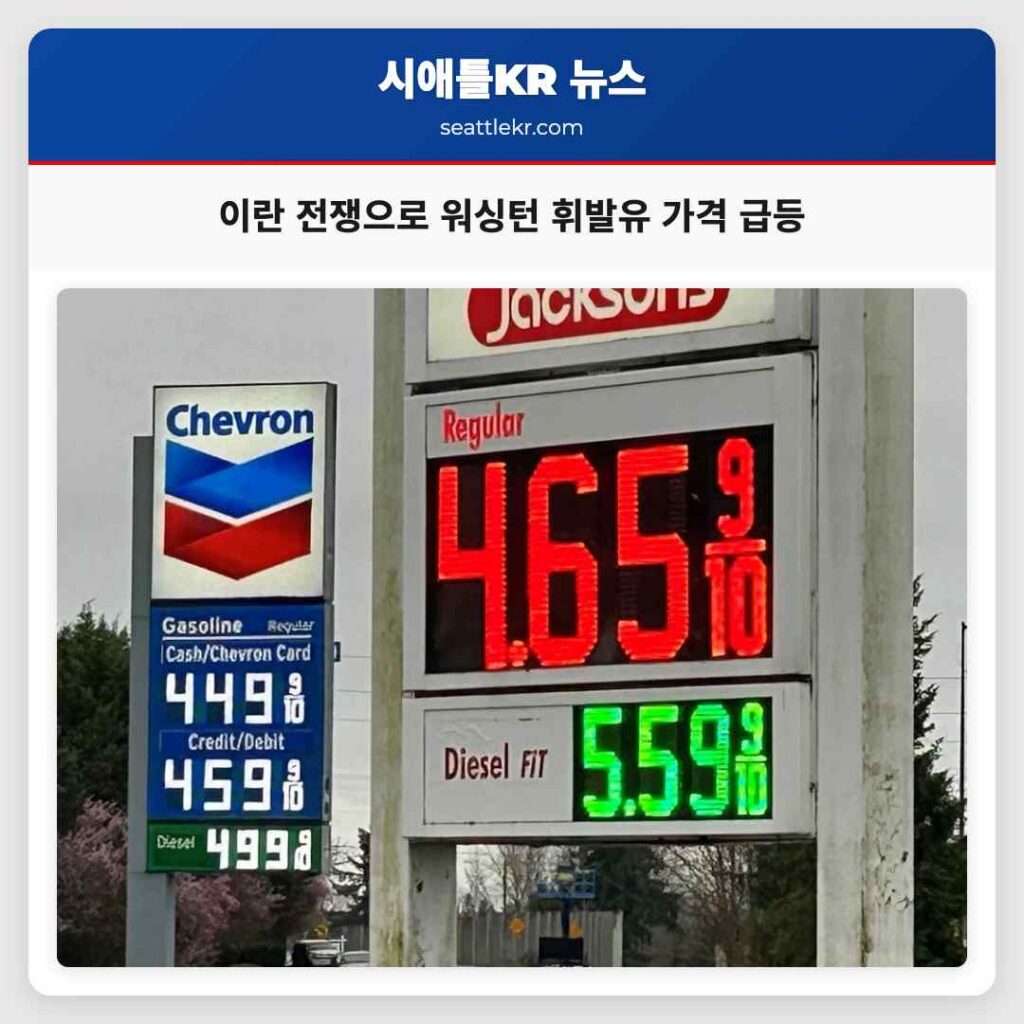 이란 전쟁으로 워싱턴 휘발유 가격 급등
