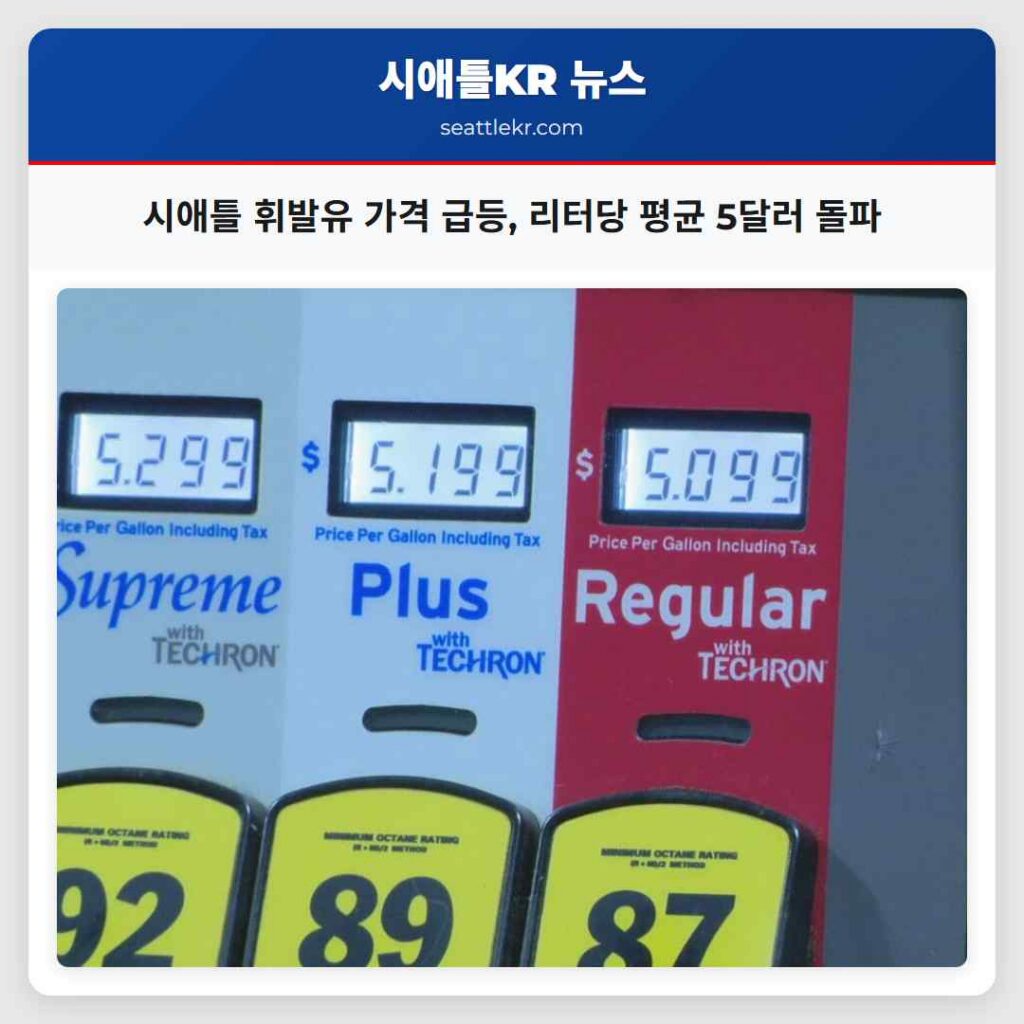 시애틀 휘발유 가격 급등, 리터당 평균 5달러 돌파
