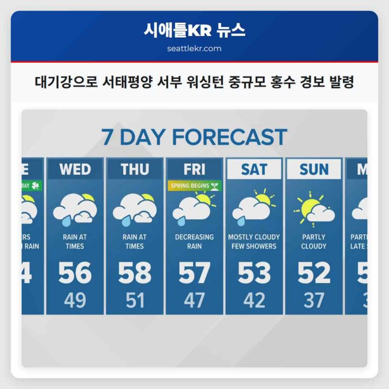서태평양 서부 워싱턴 대기 강으로 중규모 홍수 경보 발령